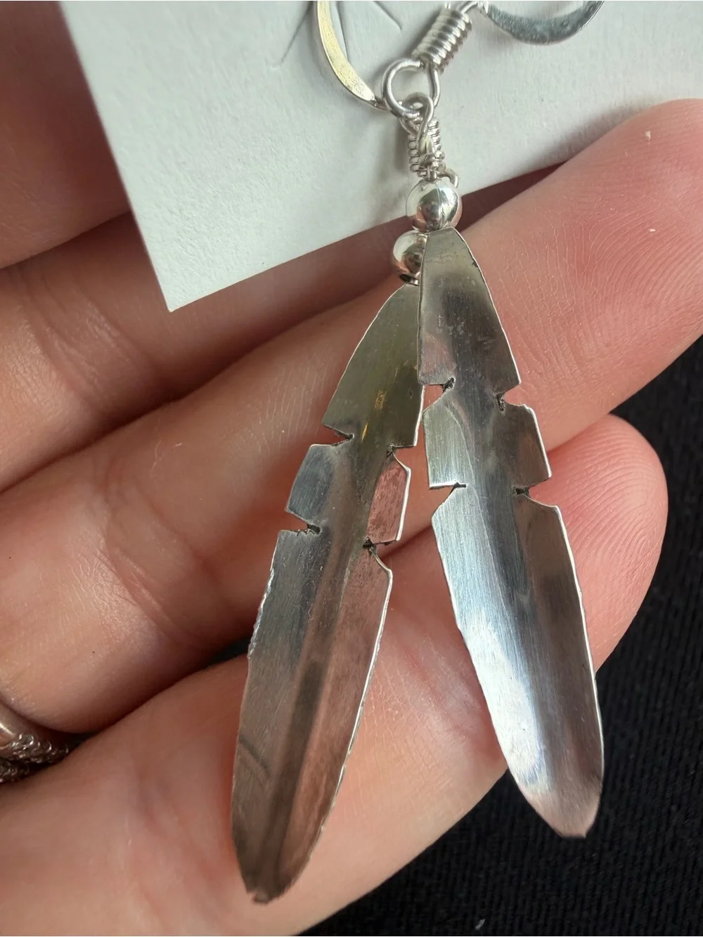 Navajo Handmafe Sterling Silver Feather Dangle Earrings - Silver